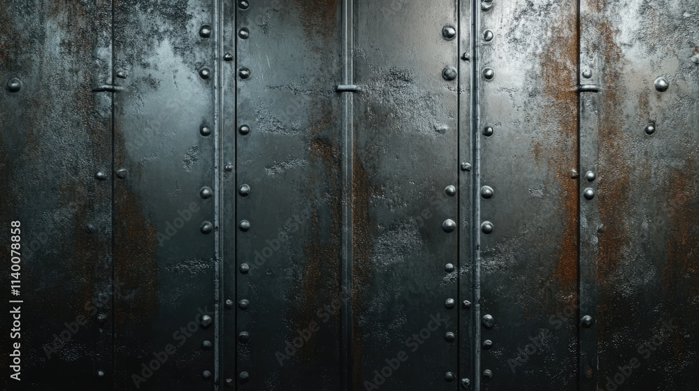 Poster rusty metal wall with rivets textured background for industrial design and artistic projects
