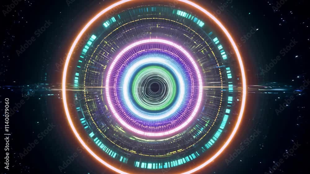 Poster visual journey through a vibrant circular light display showcasing dynamic patterns and colors in a 