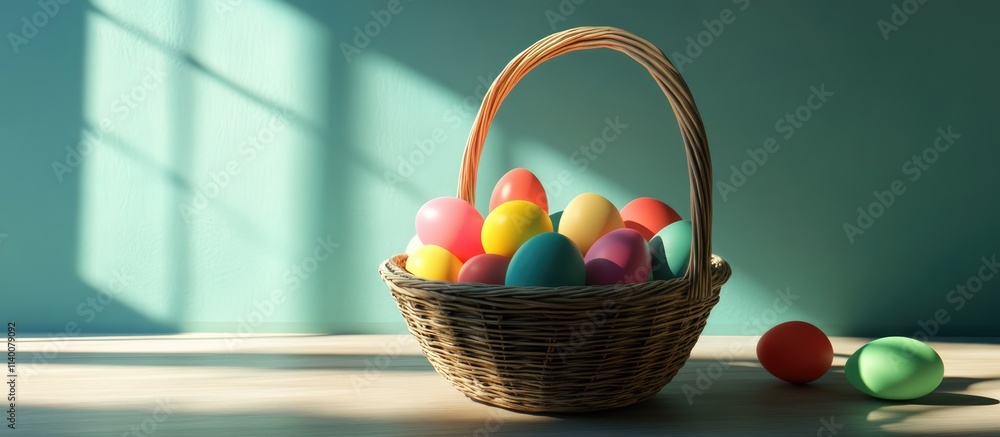 Poster easter basket with assorted real and toy colored eggs set against a soft light background