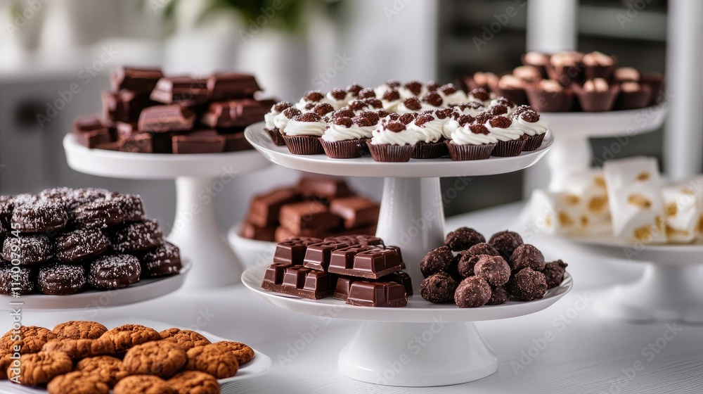 Aufkleber Assorted chocolates and cookies beautifully arranged on elegant cake stands for a delightful candy bar display