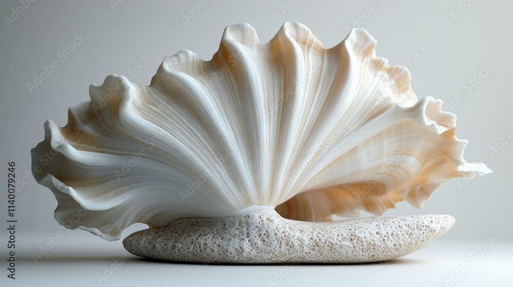 Poster Delicate seashell showcased on a soft white backdrop highlighting its intricate textures and natural beauty