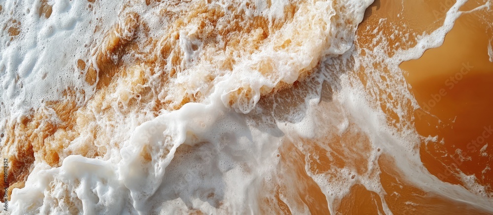 Poster dynamic waves crashing on sandy beach with turbulent sea foam and rocky promontory in the background