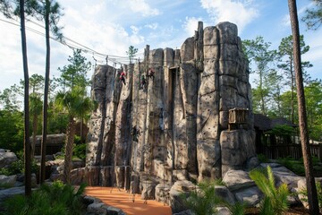 Obraz premium Outdoor climbing wall,ropes, people ascending.