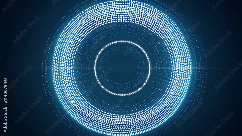 Poster visualizing sound waves through dynamic patterns and bright dots with a sleek dark background for an