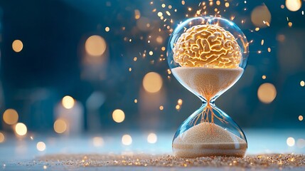 Memory loss alzheimer disease concept. An hourglass with a glowing brain symbolizes the interplay of time and intellect, highlighting the value of knowledge and creativity.