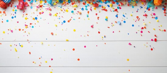 Colorful party decoration scattered on a white wooden surface creating a festive top view flat lay design with space for text and celebration vibes