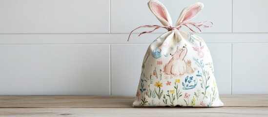 Easter bunny themed gift sack with floral design and tied ribbon on wooden table background for festive celebrations and springtime decor