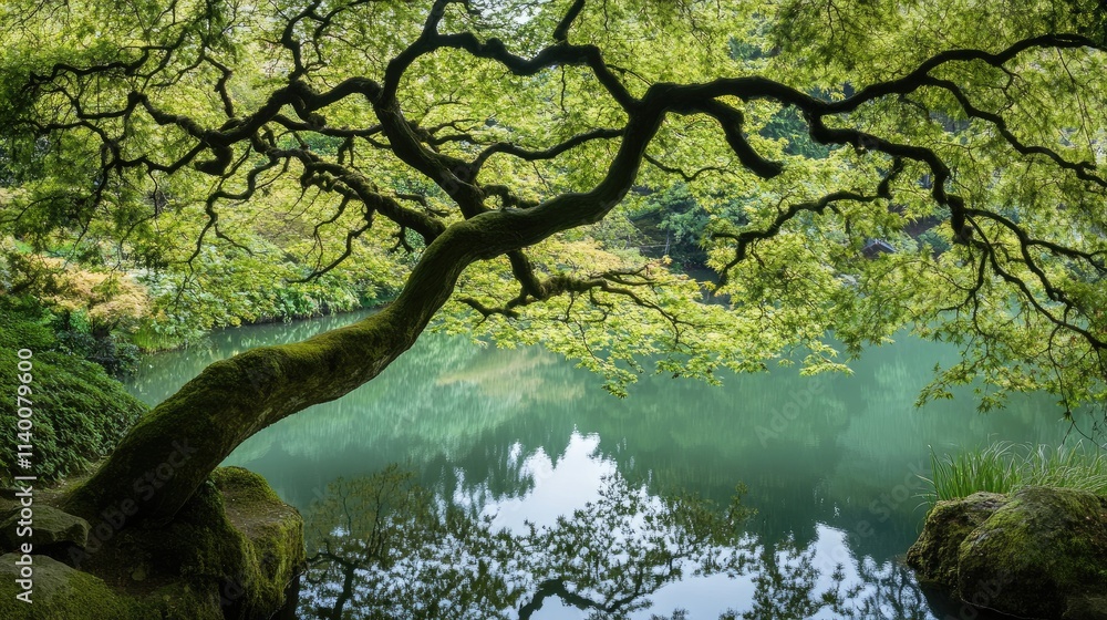 Poster serene diverging tree branches reflected in tranquil water surrounded by lush greenery in a peaceful