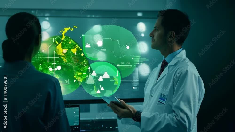 Poster experts discussing global data analysis using advanced technology in a modern research facility