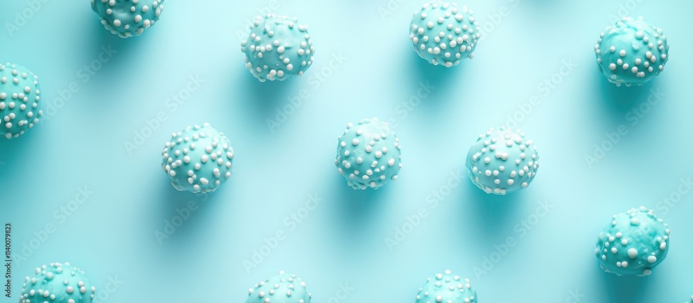 Poster Themed cake pops arranged on a soft blue background showcasing intricate details and playful design elements in a close-up view.
