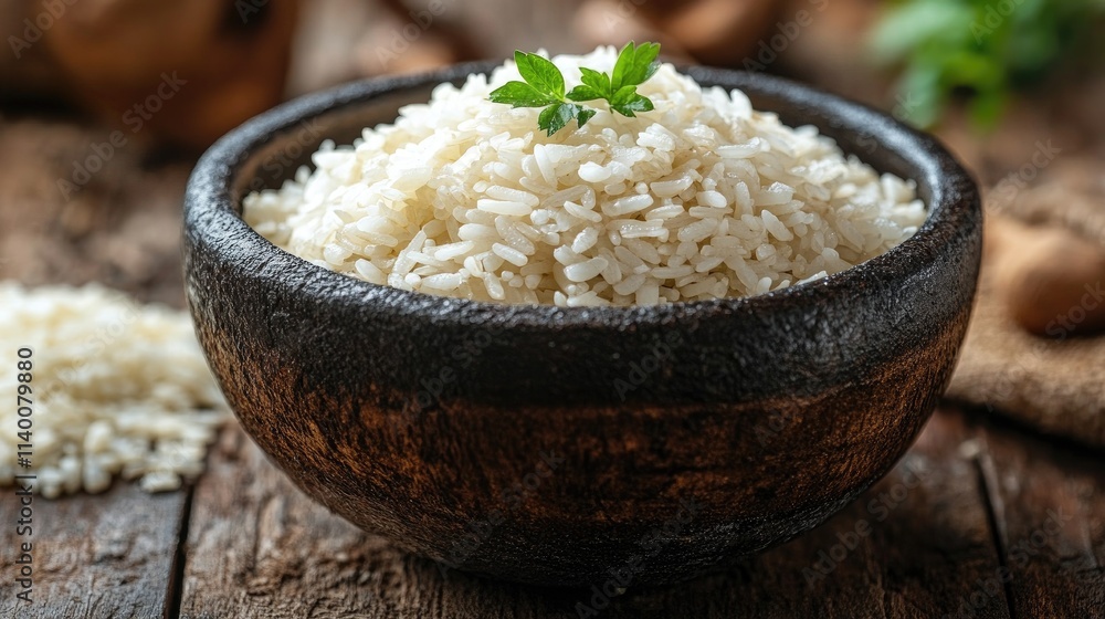 Poster organic white rice in a rustic bowl with fresh herbs on a wooden table surrounded by paddy fields in