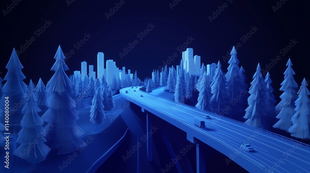 Poster interstates merging forest and cityscapes in a low poly wireframe design with smooth flowing lines a