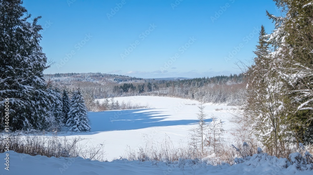 Poster hikers navigating a pristine snowy landscape under a clear blue sky in a tranquil winter wilderness 