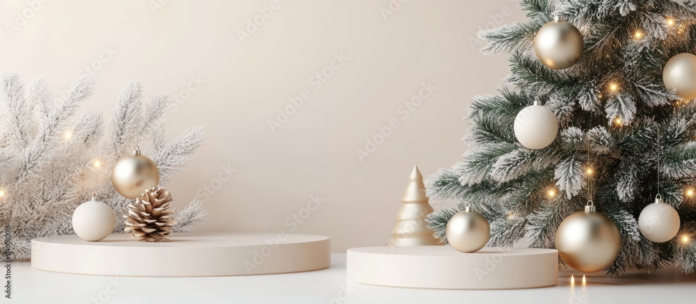 Poster elegant christmas tree with decorative podiums and golden ornaments on a soft light background ideal