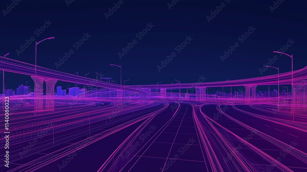 Poster nighttime city interstates illuminated by glowing light trails with low poly wireframe structures an