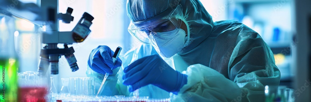 Poster a scientist conducts experiments in a laboratory, wearing protective gear and focused on the task.