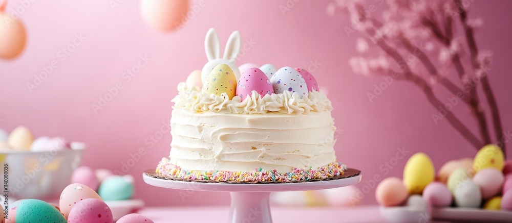 Poster easter cake adorned with colorful eggs and bunny on a pastel pink background creating a festive spri