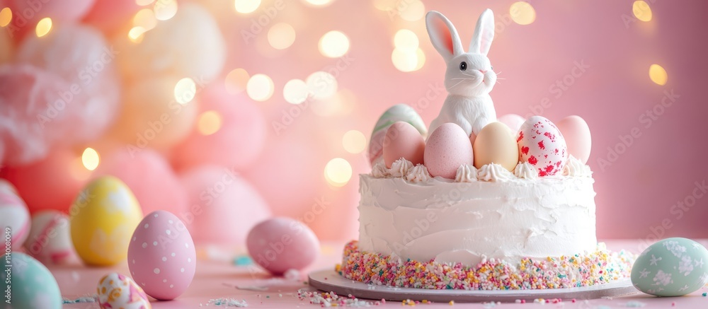 Poster easter cake adorned with colorful eggs and a bunny on a soft pink background creating a festive spri