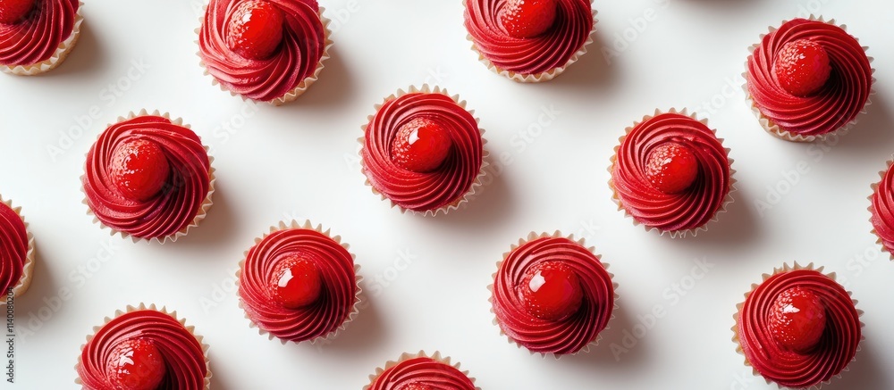 Poster Vibrant red cupcakes arranged in a symmetrical pattern on a clean white background creating a visually appealing flat lay composition