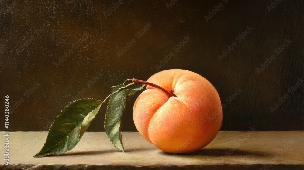Poster fresh peach on a rustic table showcasing its vibrant color and natural leaves against a dark backgro