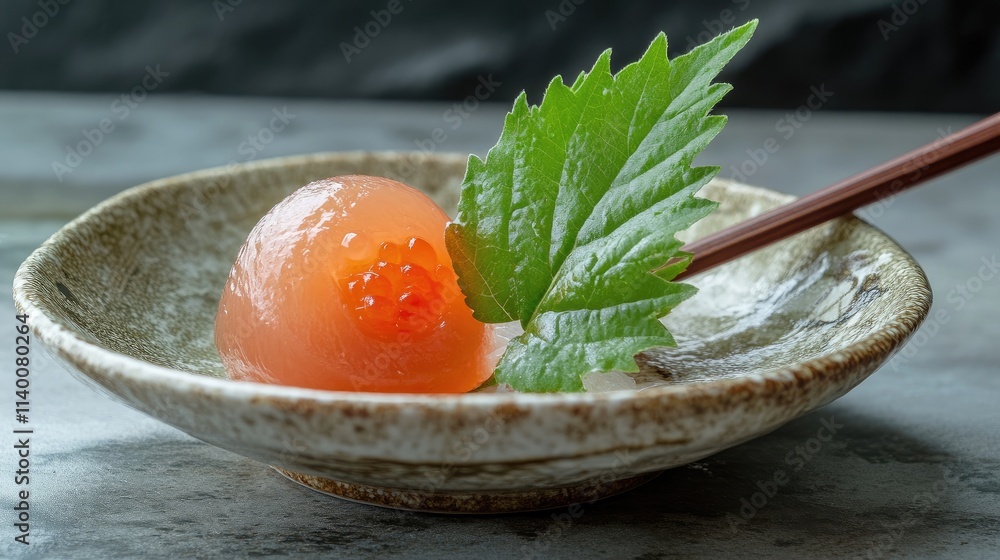 Poster Umeboshi and shiso leaf served in a traditional dish on a rustic table setting with vibrant colors and textures