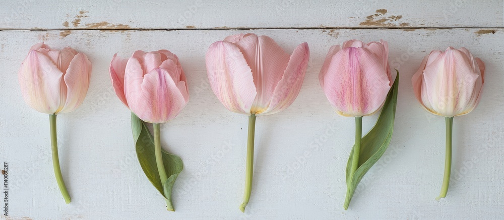 Poster Elegant arrangement of pink tulips on a rustic white wooden background capturing the essence of spring and perfect for gifts.