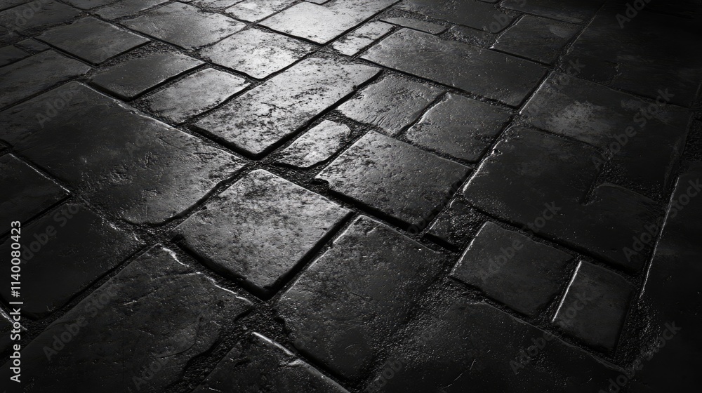 Poster grungy black cement floor texture with shadows highlighting the uneven stone slabs for urban and ind