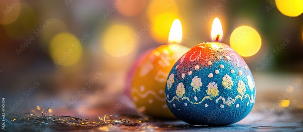 Poster easter themed candles shaped like colorful eggs with soft bokeh background lighting creating a festi