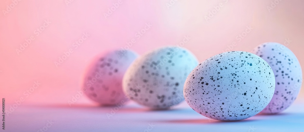 Poster Decorative pastel Easter eggs with speckled patterns on a soft colored background for festive spring celebrations.