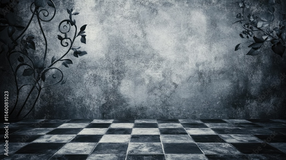 Poster weathered cement wall with intricate floral patterns and a checkered floor, ideal for artistic backg