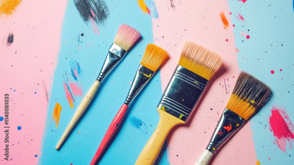 Poster used paint brushes on vibrant backdrop showcasing creativity and artistic expression in a colorful a