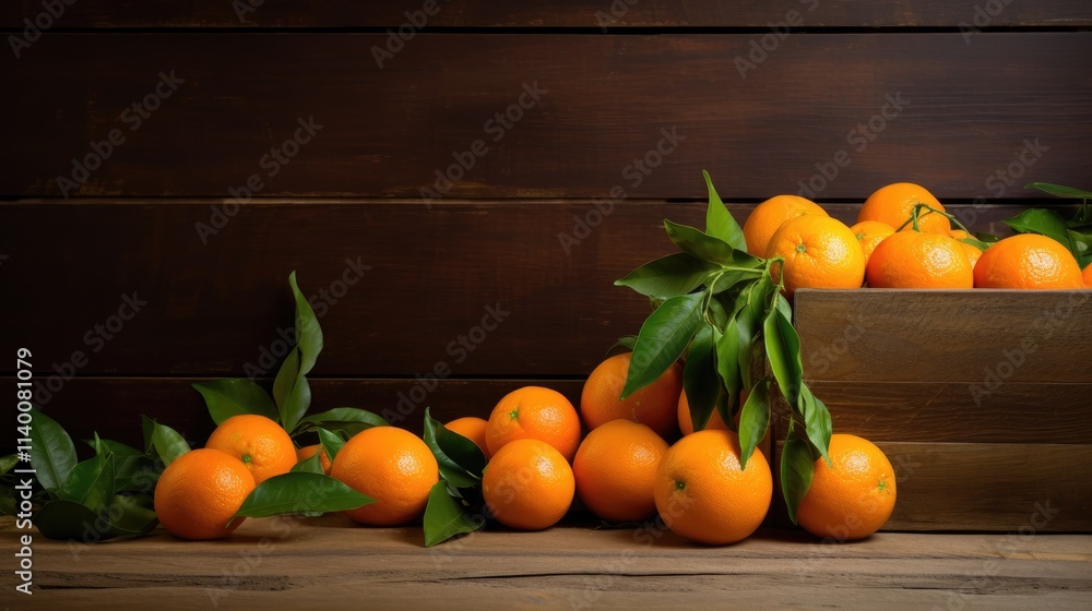 Poster Clementines arranged artistically with green leaves on a rustic wooden backdrop creating a fresh and vibrant still life scene