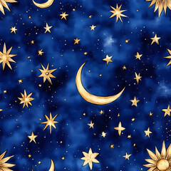 Naklejka premium seamless wallpaper design featuring golden stars and crescent moons on deep blue background, creating whimsical and enchanting celestial pattern