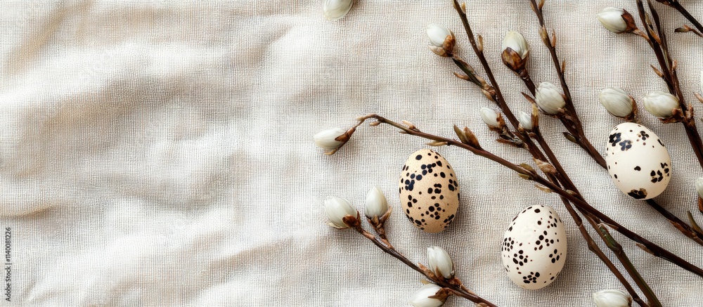 Poster easter card design showcasing willow branches and quail eggs on a textured canvas backdrop with ampl