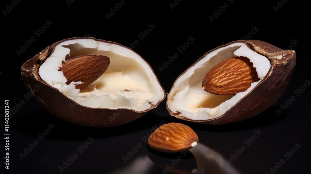 Poster complete and fractured brown peeled almonds displayed on a dark background highlighting their textur