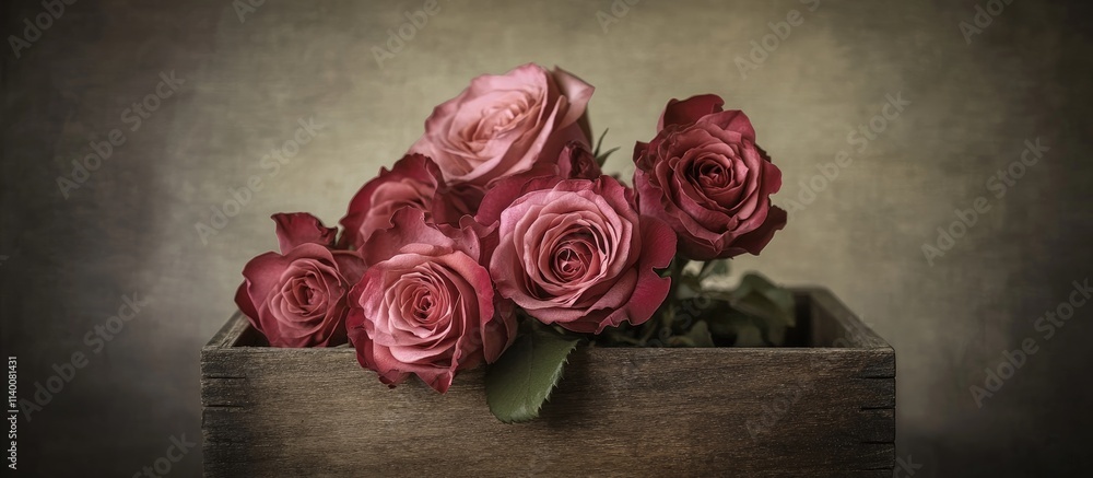 Poster delicate vintage roses arranged in a rustic wooden box with soft focus and warm tones for a charming