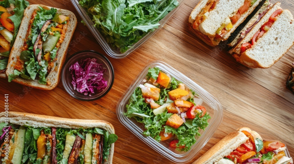 Poster freshly prepared salads and sandwiches arranged elegantly on a wooden table in a vibrant and invitin