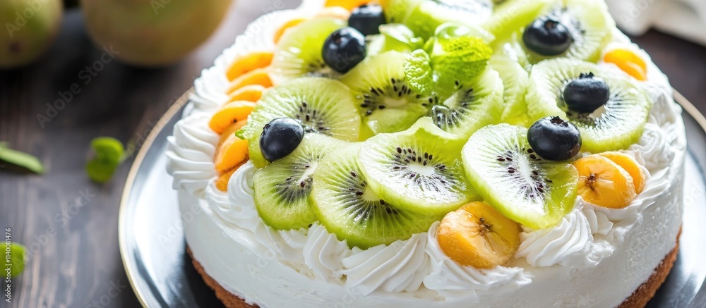 Poster yoghurt cake decorated with fresh kiwi and banana slices garnished with blueberries on a wooden tabl