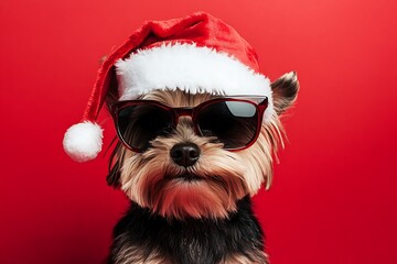 Christmas pet greeting card, cool Santa Claus Yorkie Terrier dog with sunglasses, isolated on red background 