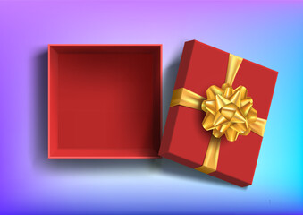 Template red open empty gift box with golden bow. Vector illustration