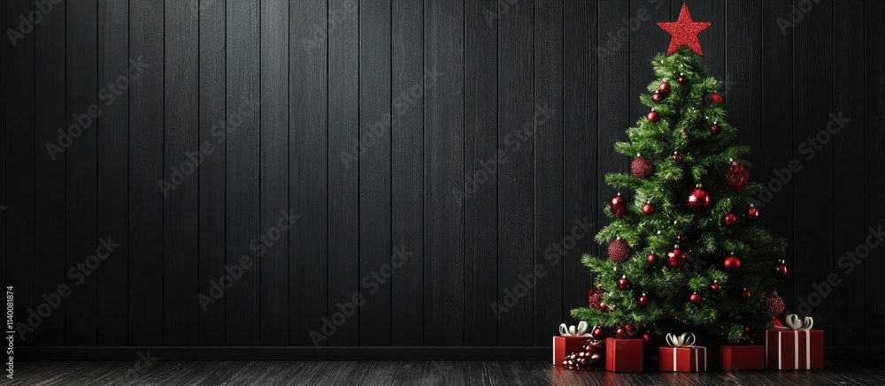 Poster decorative christmas tree adorned with ornaments standing on a black wooden backdrop with presents s
