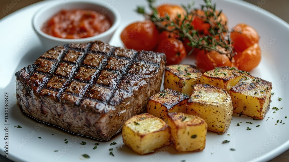 Poster grilled beef steak served with roasted potatoes and cherry tomatoes on a white plate isolated on a c