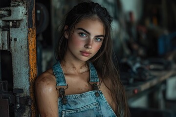 Obraz premium A young woman with smudged dirt on her shoulders, wearing denim overalls, poses in a grunge setting.