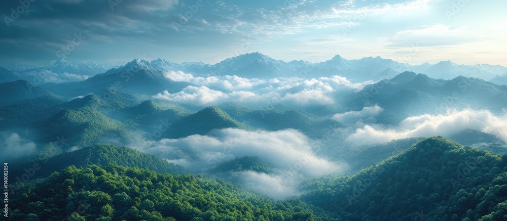 Poster serene panoramic view of majestic mountains blanketed in clouds under a vibrant sky at dawn or dusk.