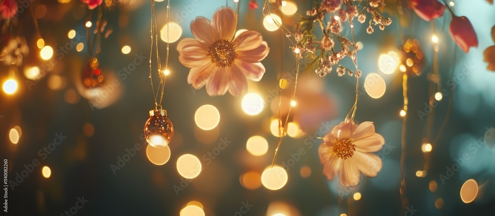 Poster defocused floral decorations with warm lights creating a dreamy bokeh effect in a festive ambiance