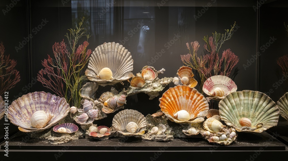 Aufkleber Colorful display of various seashells including scallops and clams arranged artistically in a showcase setting.