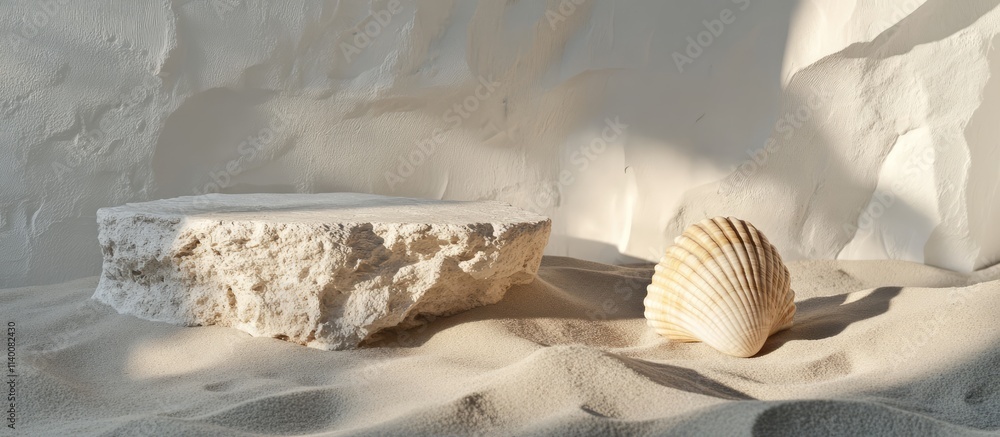 Poster decorative plaster podiums and seashell on sandy background for artistic and natural design concepts