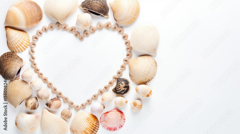 Aufkleber Beautiful array of sea shells arranged in a heart shape with ample copy space on a clean white background for creative projects.