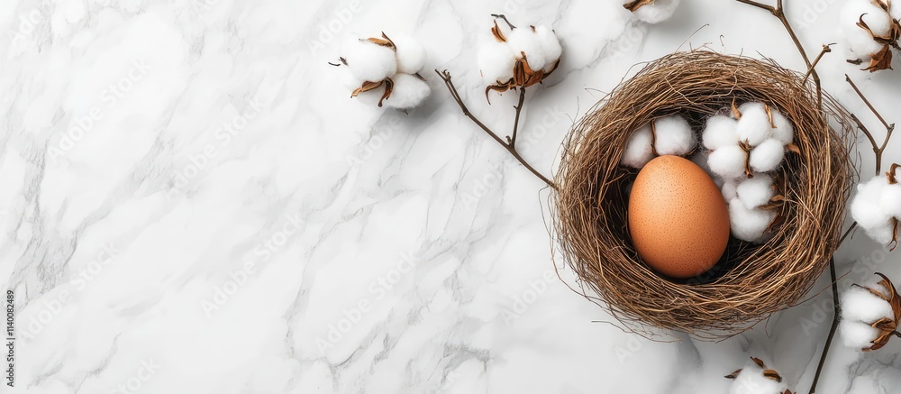 Poster easter decoration with a nest and egg on a marble background flat lay for spring greeting card desig