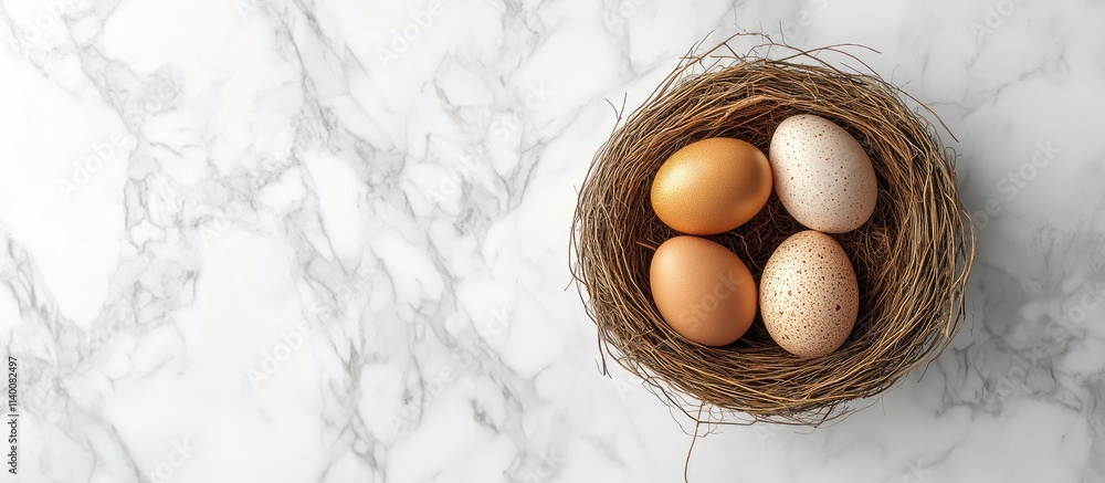Poster easter egg decoration in a nest on a white marble background flat lay view with ample copy space for